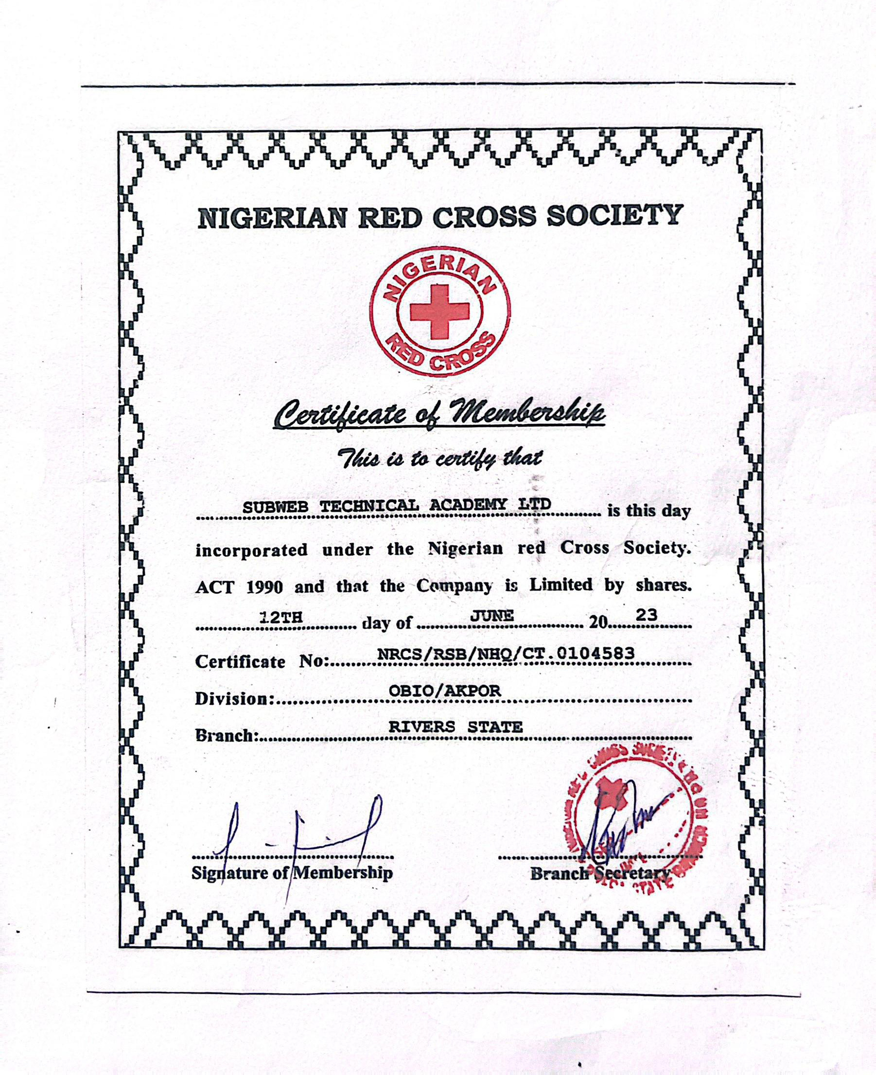 Subweb Technical Academy IDSSC Certificate
